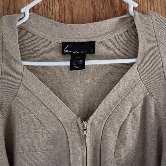LANE BRYANT Gold Metallic Ribbed Zip Knit Cardigan 14/16 Quietlux Minimalist - Picture 8 of 11
